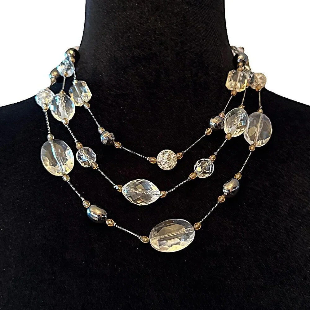 New York and Co Triple Strand Necklace Acrylic Beaded Clear Silver Tone